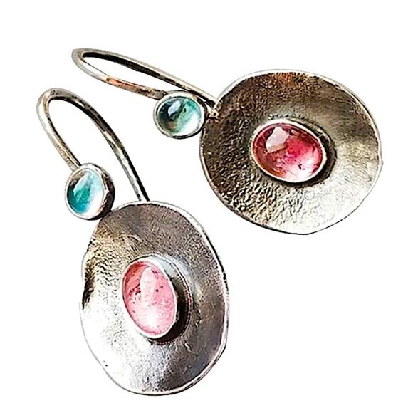 Tribal Pink, Blue Stone Dangle Earrings Vintage Bohemian Boho - Picture 3 of 3